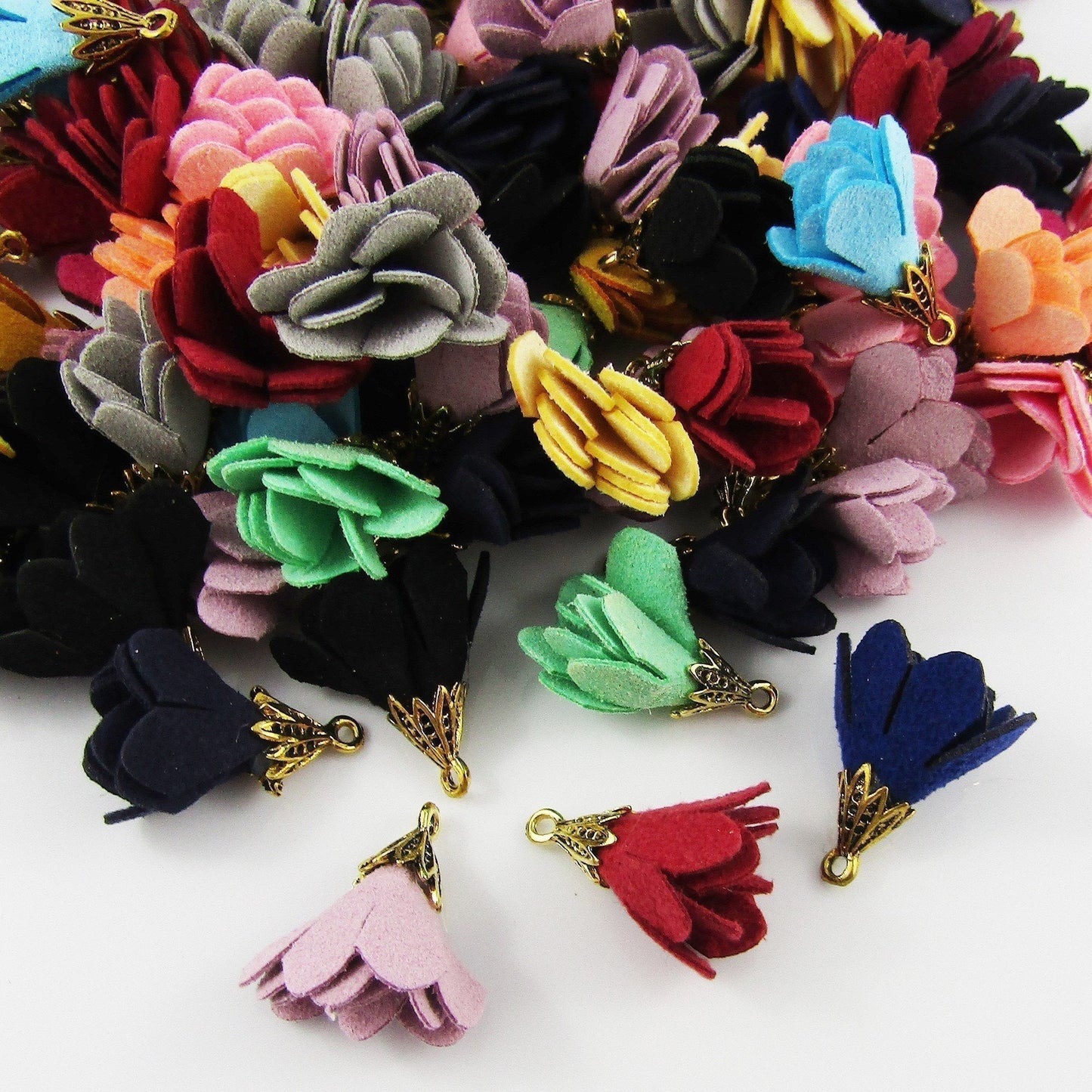 10pce (5 pairs) Faux Suede Flower Tassel Decorative Gold Cap 24mm Earrings etc