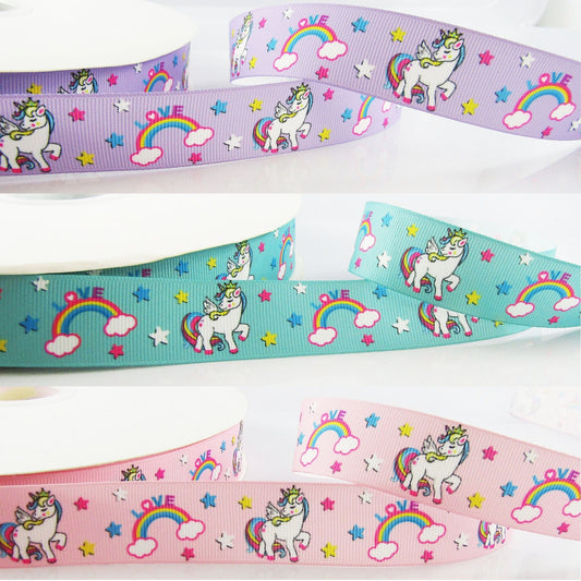 3metres Printed Rainbows & Unicorns Grosgrain Ribbon 25mm Select Colour